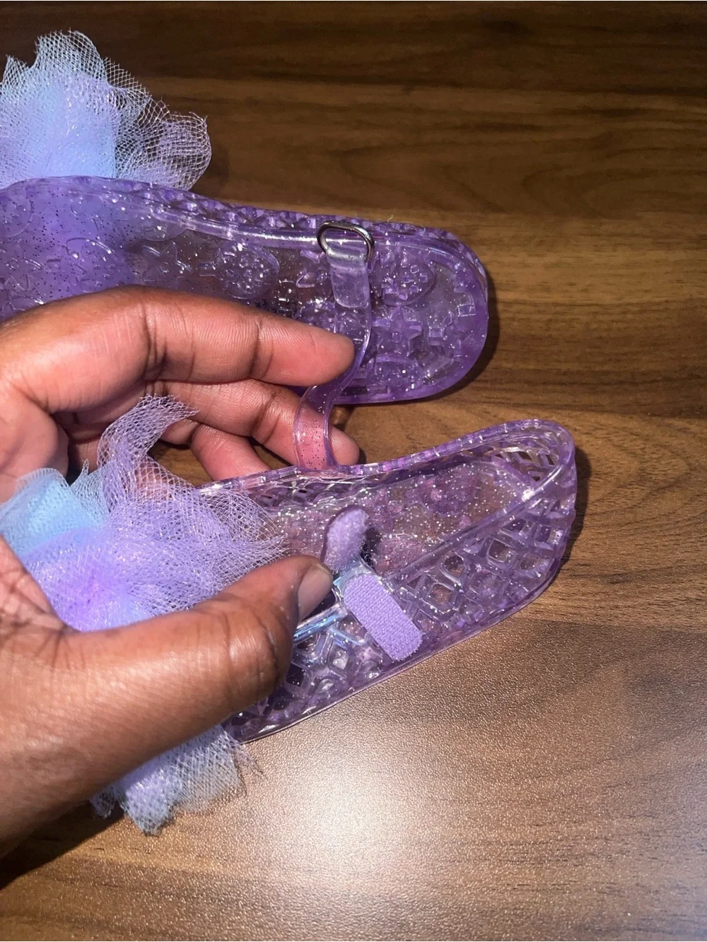 Old Navy Purple Glitter Jelly Flats with Tulle Pom Poms
